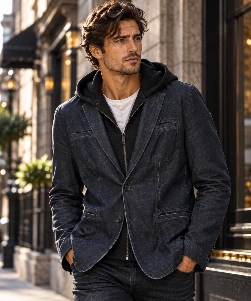 Calvin Klein Men's M Dark Wash Denim Blazer Jacket Hooded Zip Insert Body Fit